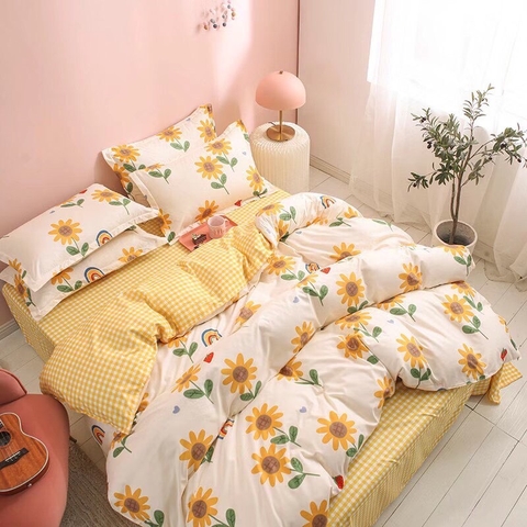 Bộ Chăn Ga Gối 5 Món Cotton Poly Hàn Quốc In Hình Hoa Hướng Dương Phối Trên Nền Màu Trắng Vàng - CP39