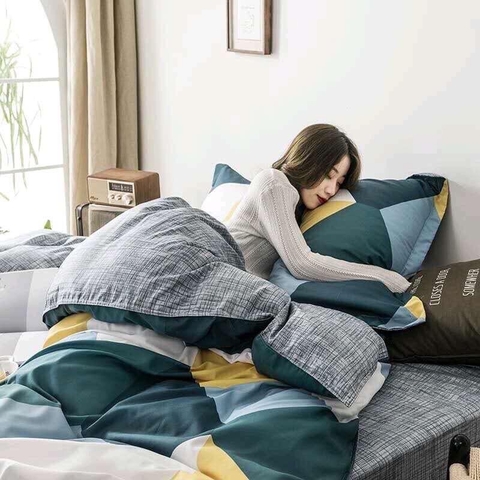 Bộ Chăn Ga Gối 5 Món Cotton Poly Hàn Quốc In Hình Tam Giác Phối Trên Nền Màu Xanh Vàng - CP41