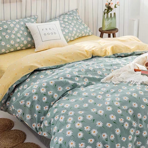 Bộ Chăn Ga Gối 5 Món Cotton Poly Hàn Quốc In Hình Hoa Cúc Trắng Phối Trên Nền Màu Xanh Vàng - CP44