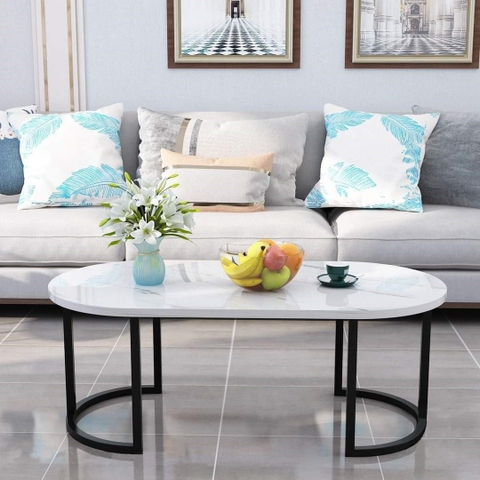 Bàn Trà Oval Mặt Đá Trắng Chân Sắt Sơn Đen - BT305.1