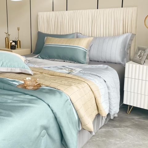 Bộ Chăn Ga Gối Lụa Tencel Phối 3 Màu Xanh Vàng Xám - LTC01