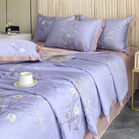 Bộ Chăn Ga Gối Lụa Tencel Nền Màu Tím In Hoa Cúc Trắng Viền Hồng  - LTC03