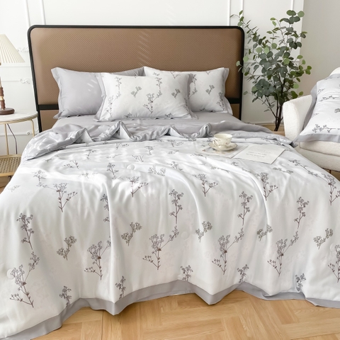 Bộ Chăn Ga Gối Lụa Tencel Nền Màu Xám Nhạt In Hoa Khô Nhỏ Xinh Xắn - LTC04