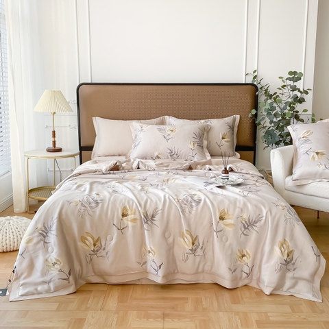 Bộ Chăn Ga Gối Lụa Tencel Nền Màu Nude In Hoa Xinh Xắn - LTC05