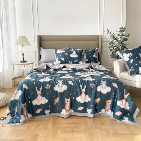 Bộ Chăn Ga Gối Lụa Tencel Nền Màu Xanh Đậm In Hình Thỏ Và Gấu Dễ Thương - LTC06