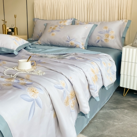 Bộ Chăn Ga Gối Lụa Tencel Nền Màu Xanh Ngọc In Hình Hoa Bồ Công Anh - LTC08