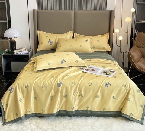 Bộ Chăn Ga Gối Lụa Thái Cao Cấp Màu Vàng In Hình Họa Tiết Ngựa Vằn Chất Liệu Mềm Mịn Sang Trọng - LT02