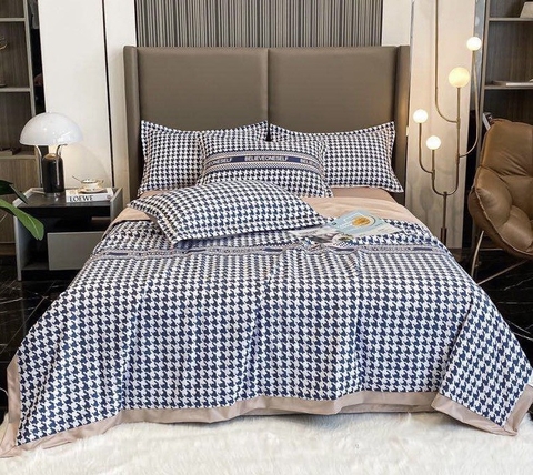 Bộ Chăn Ga Gối Lụa Thái Cao Cấp Màu Xanh In Hình Họa Tiết Móc Câu Chất Liệu Mềm Mịn Sang Trọng - LT06