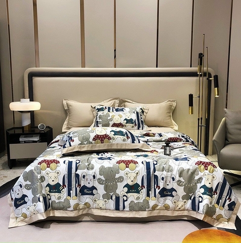 Bộ Chăn Ga Gối Lụa Thái Cao Cấp Màu Vàng In Hình Con Gấu Chất Liệu Mềm Mịn Sang Trọng - LT09
