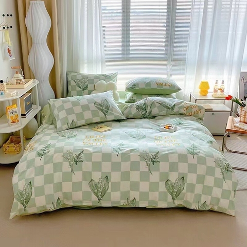 Bộ Chăn Ga Gối Cotton 100% Hàn Quốc In Hình Chiếc Lá Phối Trên Nền Màu Xanh - CT01