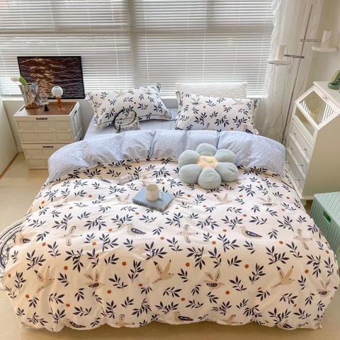 Bộ Chăn Ga Gối Cotton 100% Hàn Quốc In Hình Chiếc Lá Phối Trên Nền Màu Kem Phối Xanh - CT02