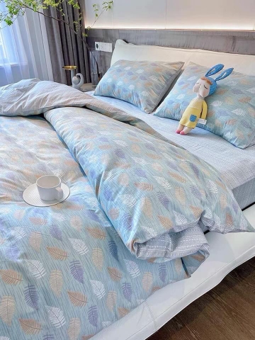 Bộ Chăn Ga Gối Cotton 100% Hàn Quốc In Hình Chiếc Lá Phối Trên Nền Màu Xanh - CT03