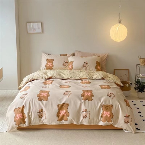 Bộ Chăn Ga Gối Cotton 100% Hàn Quốc In Hình Con Gấu Phối Trên Nền Màu Kem - CT04