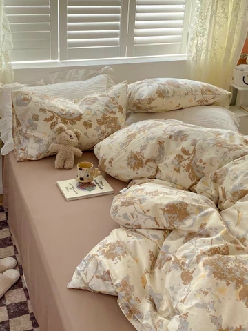 Bộ Chăn Ga Gối Cotton 100% Hàn Quốc In Hình Họa Tiết Phối Trên Nền Màu Kem - CT05