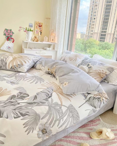 Bộ Chăn Ga Gối Cotton 100% Hàn Quốc In Hình Họa Tiết Lá Hoa Phối Trên Nền Màu Kem & Xám Nhạt- CT06
