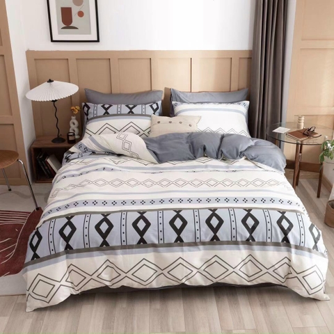 Bộ Chăn Ga Gối Cotton 100% Hàn Quốc In Hình Họa Tiết Hoa Văn Phối Trên Nền Màu Trắng Xám - CT09