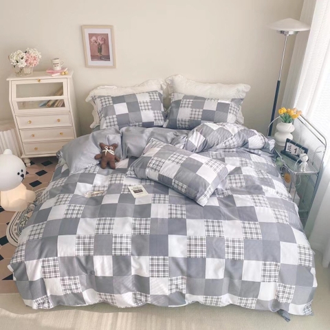 Bộ Chăn Ga Gối Cotton 100% Hàn Quốc In Hình Họa Tiết Caro Phối Nền Màu Trắng Xám - CT11