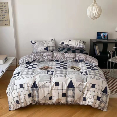 Bộ Chăn Ga Gối Cotton 100% Hàn Quốc In Hình Họa Tiết Caro Tam Giác Phối Nền Màu Trắng Xám - CT12