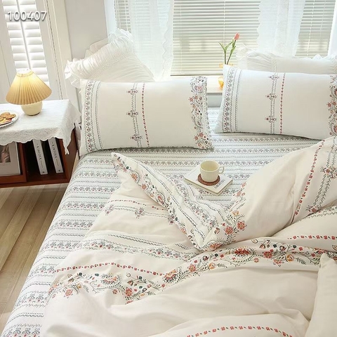Bộ Chăn Ga Gối Cotton 100% Hàn Quốc In Hình Lá Hoa Nhỏ Xinh Xắn Phối Nền Màu Trắng Kem - CT13