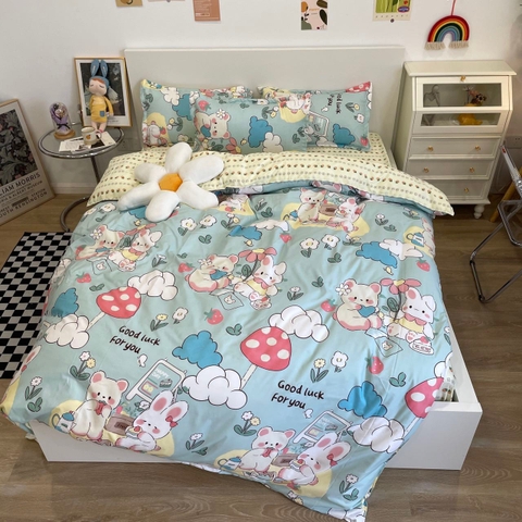 Bộ Chăn Ga Gối 5 Món Cotton Poly Hàn Quốc In Hình Gấu Và Thỏ - CP89