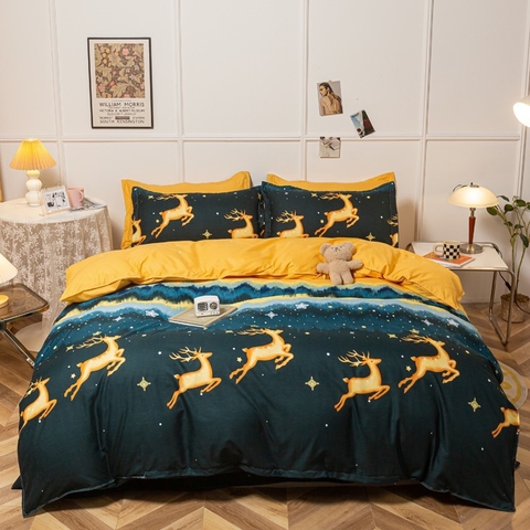 Bộ Chăn Ga Gối 5 Món Cotton Poly Hàn Quốc In Hình Con Hươu Vàng Phối Trên Nền Xanh - CP88