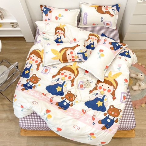 Bộ Chăn Ga Gối 5 Món Cotton Poly Hàn Quốc In Hình Cô Gái Và Chú Gấu Dễ Thương Nhiều Mau Sắc - CP96
