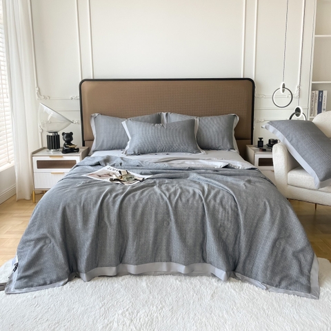 Bộ Chăn Ga Gối Lụa Tencel Nền Màu Xám Đậm Viền Xám Nhạt - LTC09