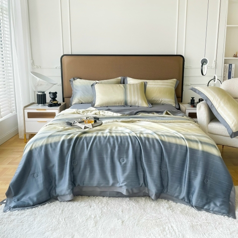 Bộ Chăn Ga Gối Lụa Tencel Phối 2 Màu Xám Nhạt Và Vàng - LTC10