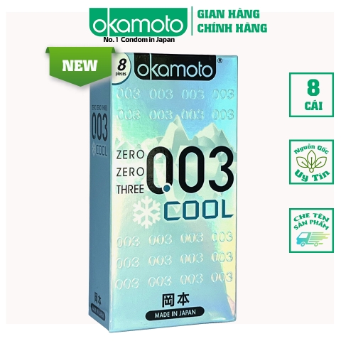 Bao Cao Su Okamoto 0.03 Cool Siêu mỏng Bóng Láng Mát lạnh Hộp 8 Cái