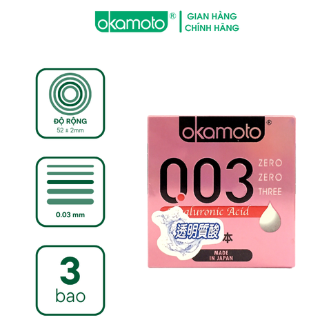 Bao Cao Su Okamoto 0.03 Hyaluronic Acid Siêu Mỏng Dưỡng Ẩm Và Bôi Trơn Hộp 3 Cái