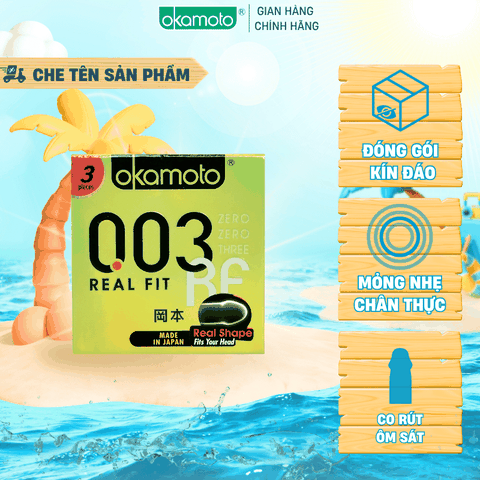 Bao Cao Su Okamoto 0.03 Real Fit Mỏng Với Khả Năng Co Rút Giúp Ôm Sát Hộp 3 cái