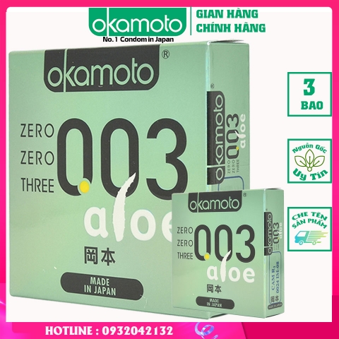 [ Combo 2 hộp ] Bao Cao Su Okamoto 0.03 Aloe. Tinh Chất Lô Hội Hộp 3 Cái