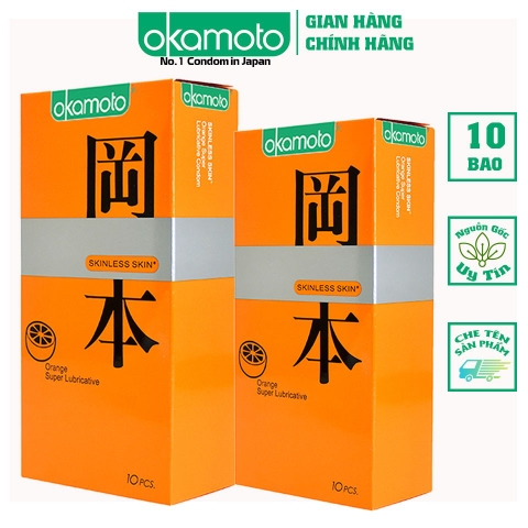 Combo 2 hộp Bao Cao Su Okamoto Skinless Skin Orange Lubricative Hương Cam Hộp 10 Cái