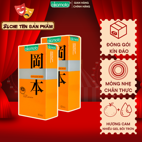 Combo 2 hộp Bao Cao Su Okamoto Skinless Skin Orange Lubricative Hương Cam Hộp 10 Cái