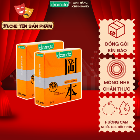 [ Combo 2 hộp ] Bao Cao Su Okamoto Skinless Skin Orange Lubricated Hương Cam Hộp 3 Cái