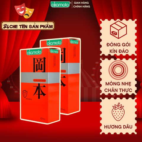 [ Combo 2 hộp ] Bao Cao Su Okamoto Skinless Skin Strawberry Hương Dâu Hộp 10 Cái