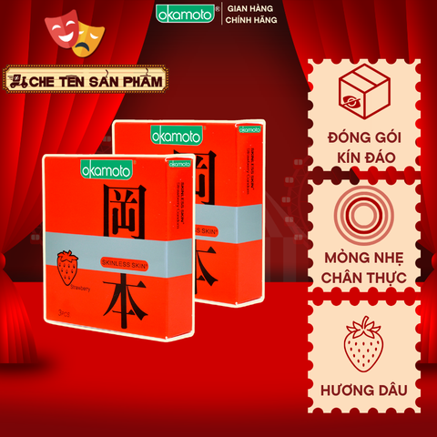 Combo 2 hộp Bao Cao Su Okamoto Skinless Skin Strawberry Hương Dâu Hộp 3 Cái