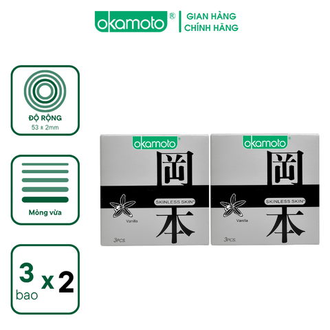 Combo 2 hộp Bao Cao su Okamoto Skinless Skin Vanilla Hộp 3 Cái