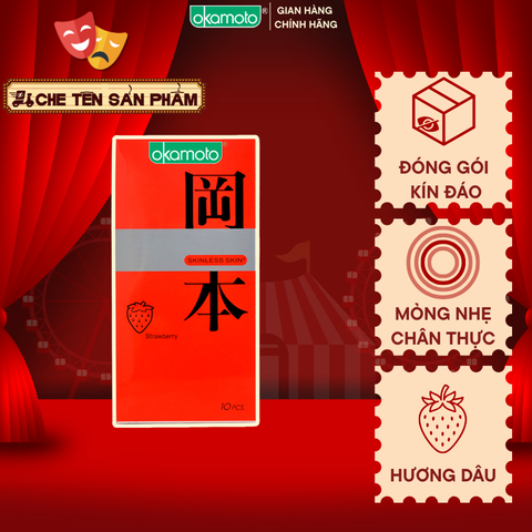 Bao Cao Su Okamoto Skinless Skin Strawberry Hương Dâu Hộp 10 Cái