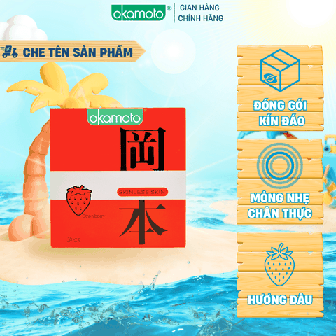 Bao Cao Su Okamoto Skinless Skin Strawberry Hương Dâu Hộp 3 Cái