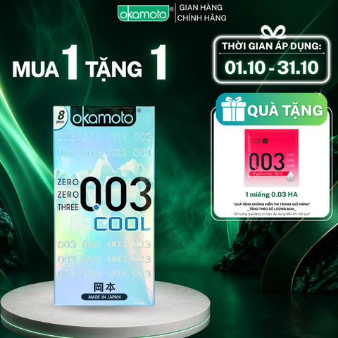 Bao Cao Su Okamoto 0.03 Cool Siêu mỏng Bóng Láng Mát lạnh Hộp 8 Cái