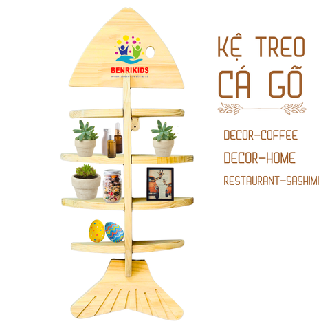 Kệ Gỗ Trang Trí Treo Tường Không Cần Khoan Hình Xương Cá Đựng Đồ Lưu Niệm, Kệ Gỗ Thông Tự Nhiên Decor Nhà Cửa