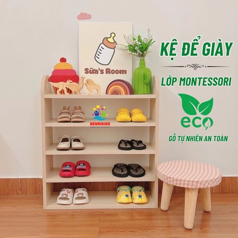 Kệ Để Giày Mầm Non Montessori, Giá Để Dép Đa Năng Cho Bé Gỗ Thông Tự Nhiên 5 Ngăn