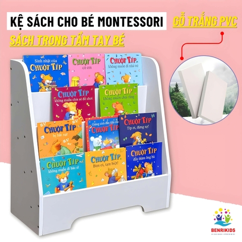 Kệ Tủ Sách Bằng Gỗ Cho Bé 4 Ngăn Màu Trắng Gỗ Nhựa Kệ Mầm Non Trang Trí Lớp Học Benrikids