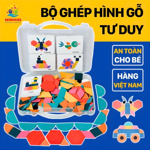 Đồ Chơi Xếp Hình Tangram 180 Chi Tiết Bằng Gỗ Có Hộp Đựng Cho Bé Sáng Tạo