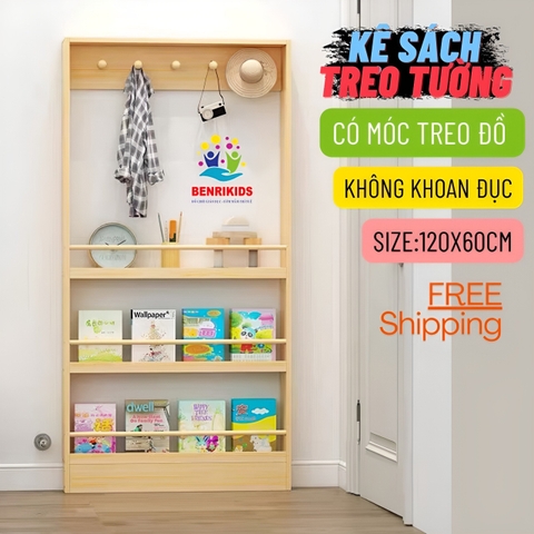 Kệ Sách Treo Tường Có Móc Treo Đồ Không Cần Khoan Đục Tường Tiện Lợi Dễ Lắp Đặt , Giá Đựng Sách Đựng Đồ Nhiều Tầng Cho Bé