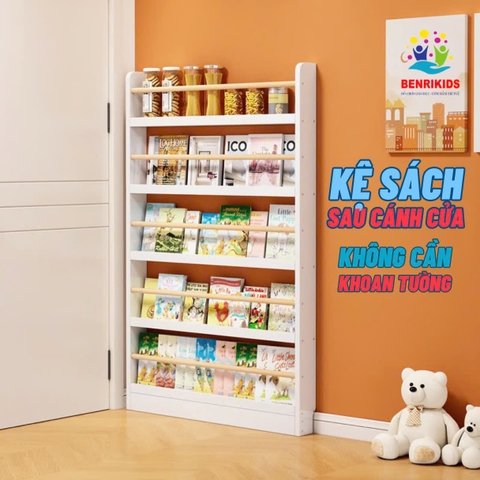 Kệ Sách Treo Tường Không Cần Khoan Sau Cửa 4 Ngăn Bằng Gỗ Phù Hợp Phòng Có Diện Tích Hẹp