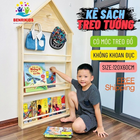 Kệ Sách Mái Nhà Có Móc Treo Đồ Cho Bé Treo Tường Không Khoan Tường , Kệ Giá Sách Montessori Sau Cửa Decor Phòng
