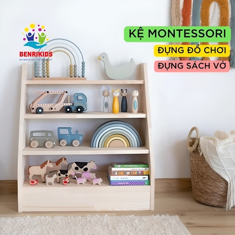 Kệ Sách Montessori Kệ Đựng Đồ Chơi 4 Tầng Bằng Gỗ Thông Để Sàn Decor Phòng Cho Bé