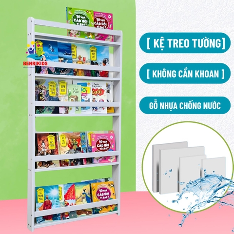 Kệ Sách Cho Bé Tiểu Học Bằng Gỗ Màu Trắng Không Khoan Tường Nhiều Ngăn , Giá Sách Đứng Montessori